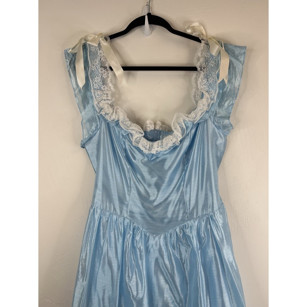 Vintage 70s Formal Blue Satin Gown Lace Trim Bows Princess Theatrical Costume - Picture 3 of 14